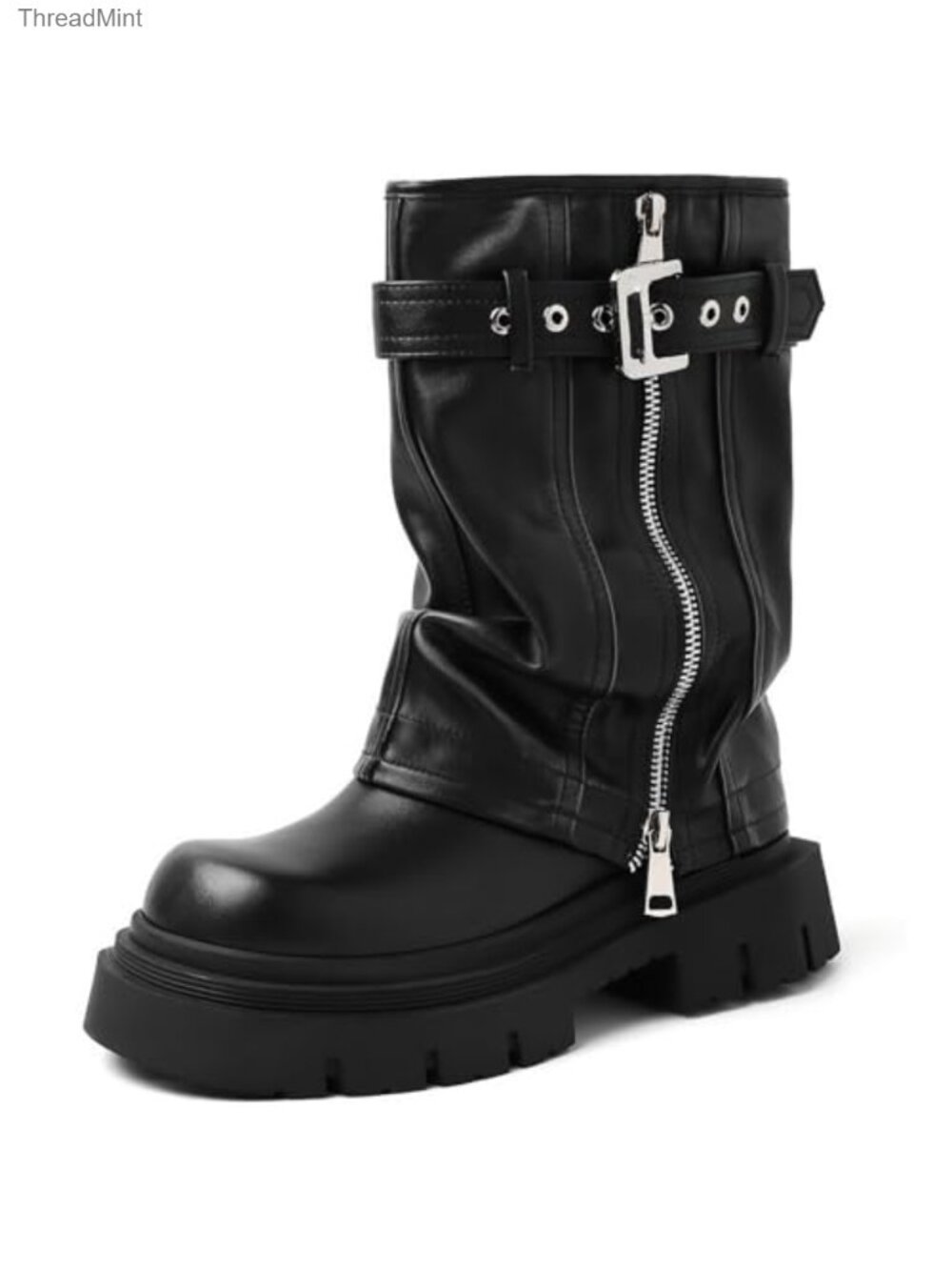 Women's Platform Fold Over Mid Calf Biker Boots Belt Buckle Square Toe